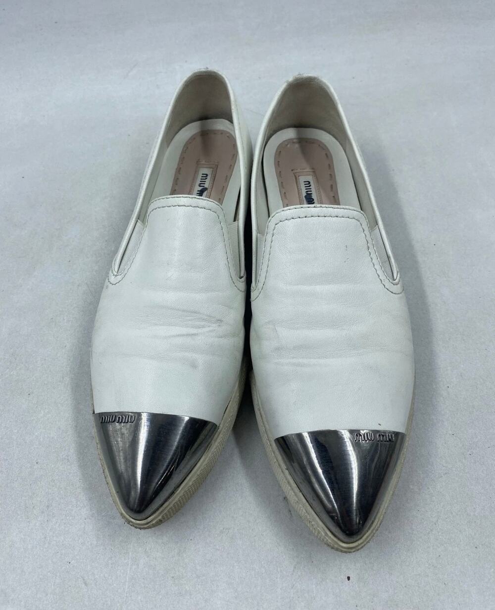 Miu Miu White Nappa Leather Pointed Metal Cap Toe Slip On Loafer Sneakers Sz. 7